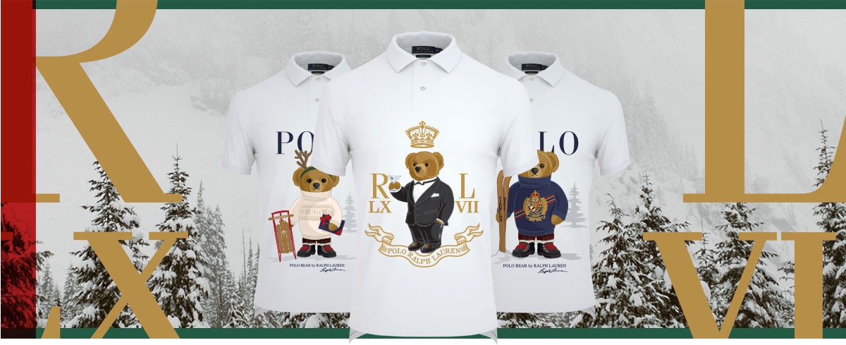 White Polo shirts with various festive Polo Bear graphics