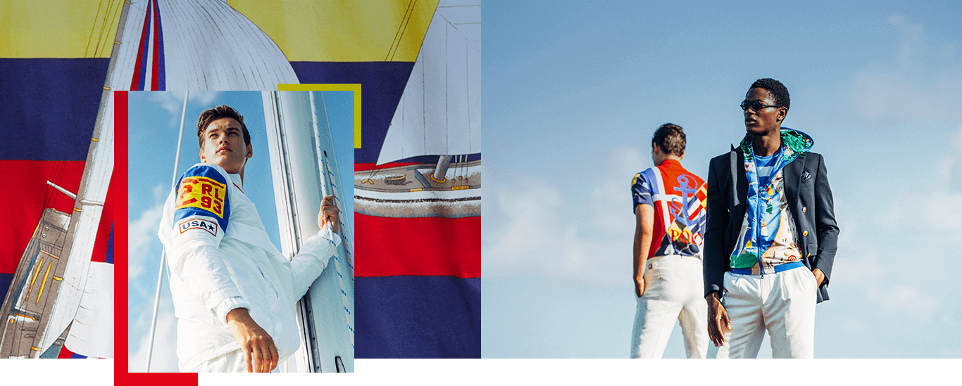 Men in nautical-inspired Ralph Lauren apparel on sailboats & by water