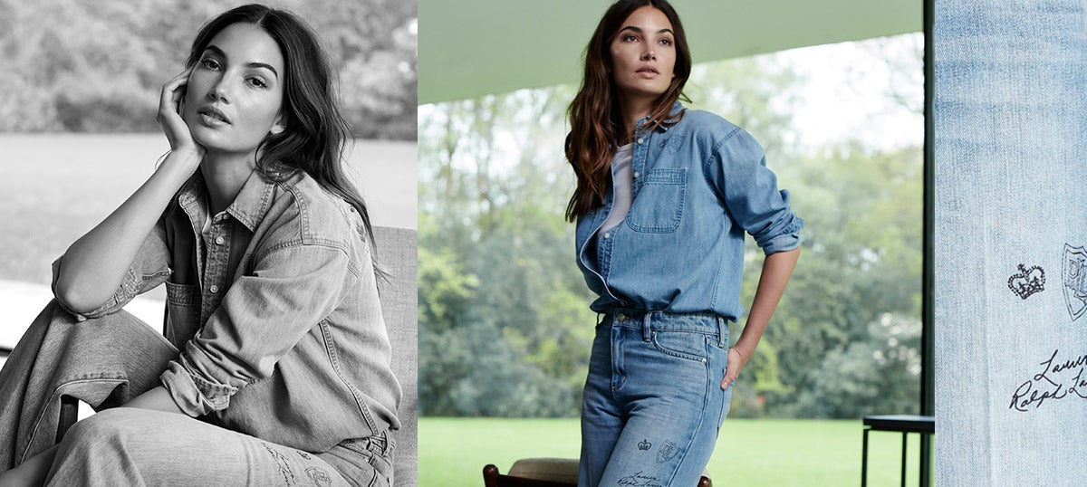 Woman in denim button-down paired with jeans