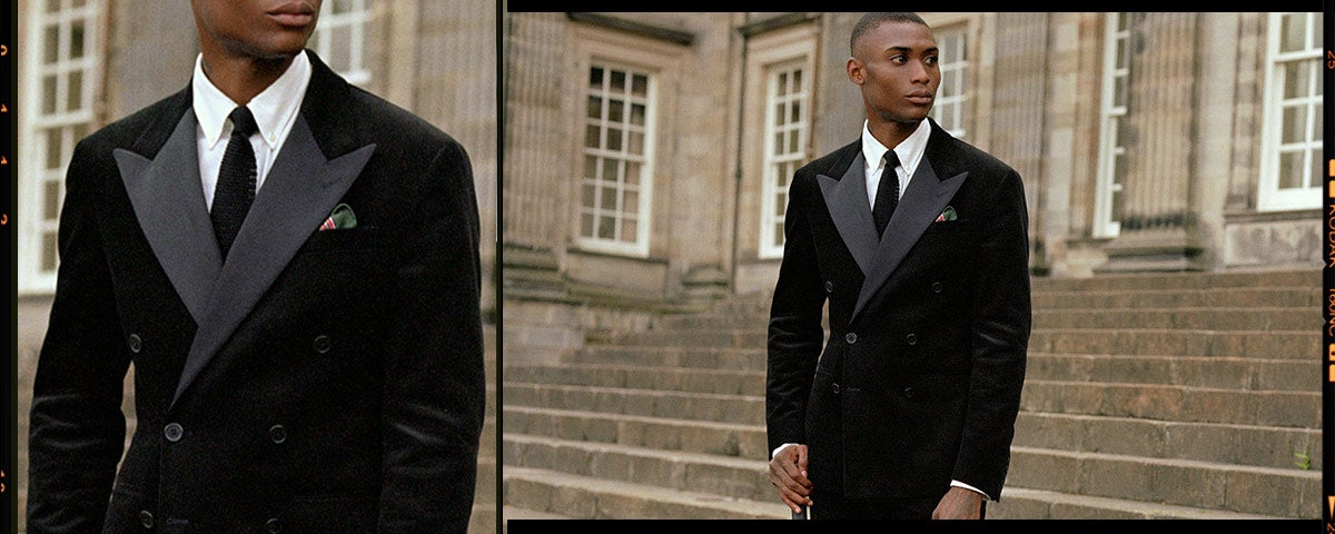 Man wearing corduroy tux with contrast peak lapels