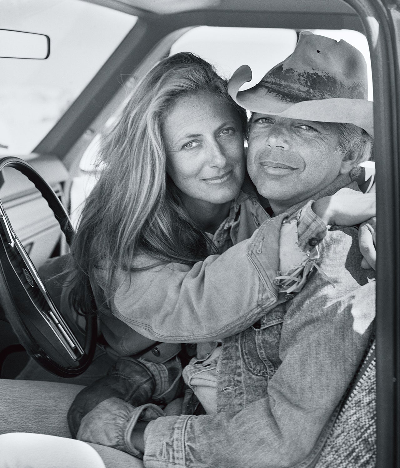 Ricky and Ralph Lauren posed for this portrait from inside a pickup truck on the Double RL Ranch