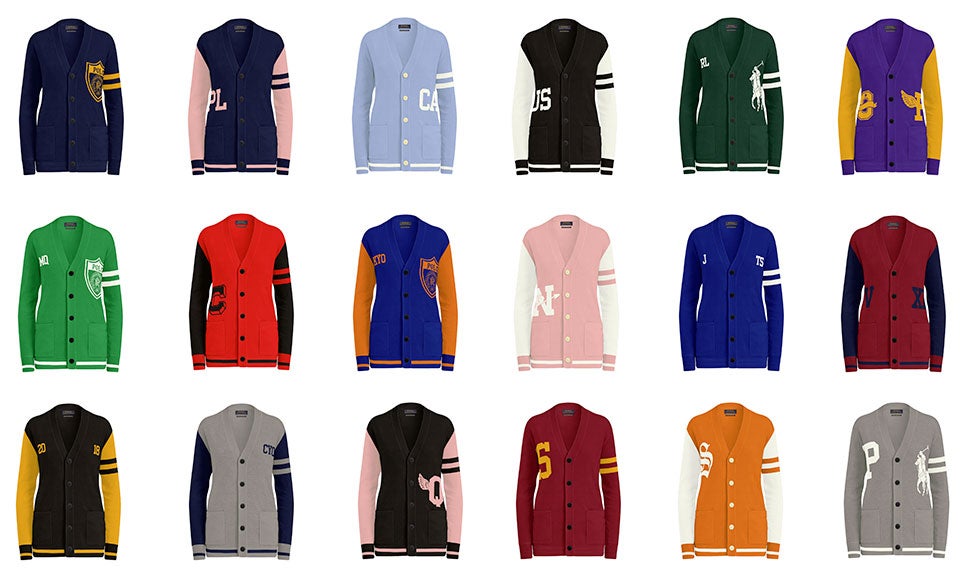 Grid of cardigans in various hues & with custom graphics