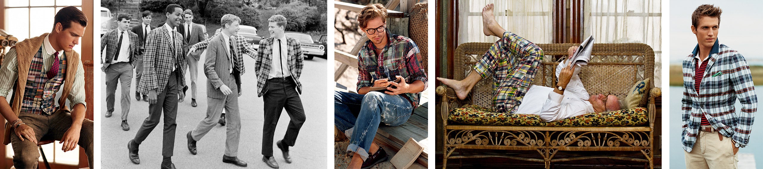 (Left to right) Ralph Lauren ad, 2011; prep-school students, 1966; Ralph Lauren ad, 2011; Bill Murray in <em>Moonrise Kingdom</em>, 2012; Ralph Lauren ad, 2007
