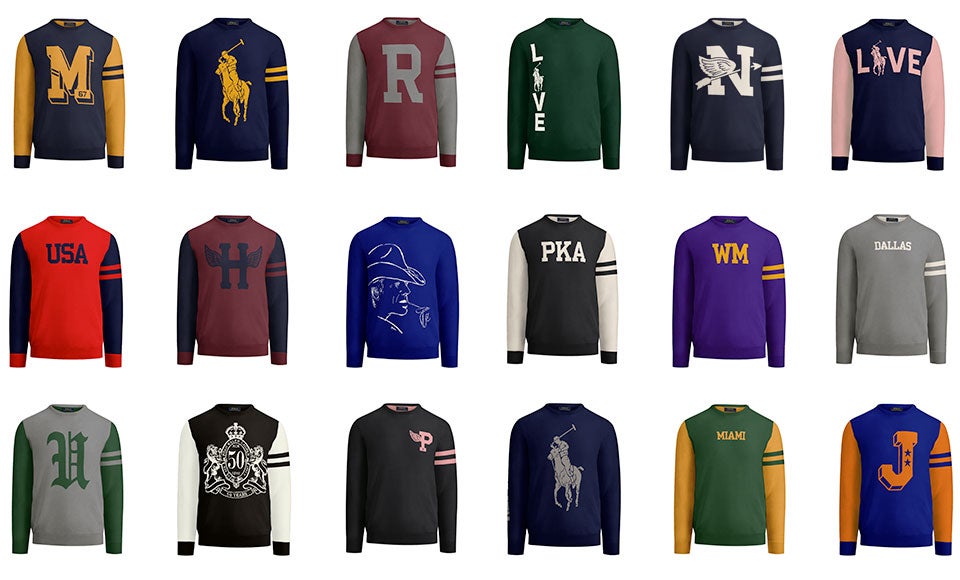 Grid of crewneck sweaters in various hues & with custom graphics