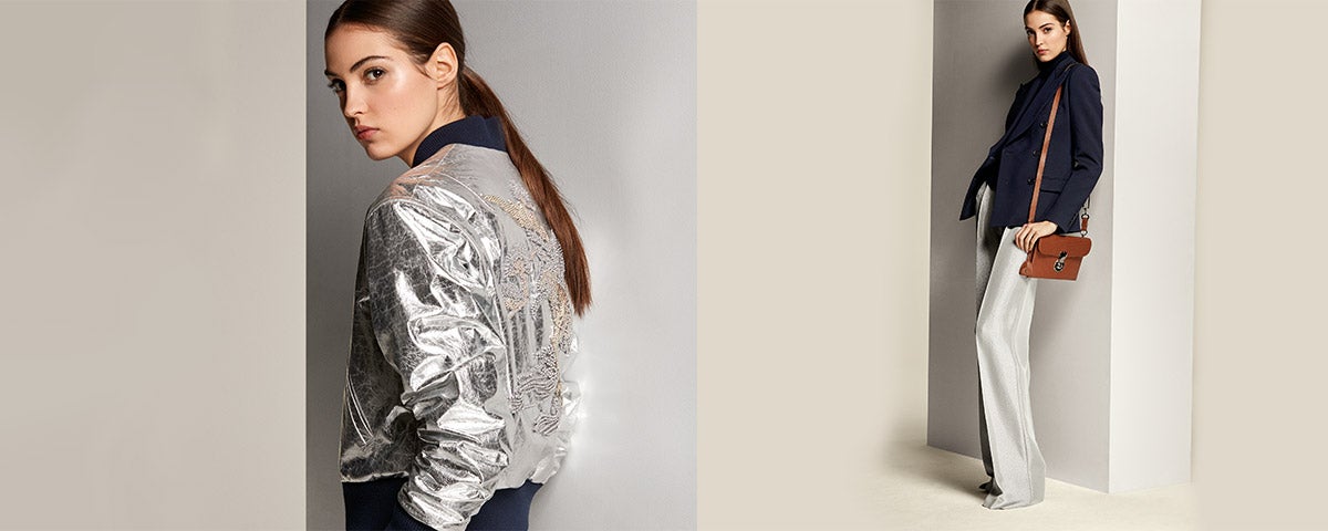 Ralph Lauren Collection Logo. Woman in metallic silver bomber jacket; Woman  in wide-leg pants \u0026 navy peacoat