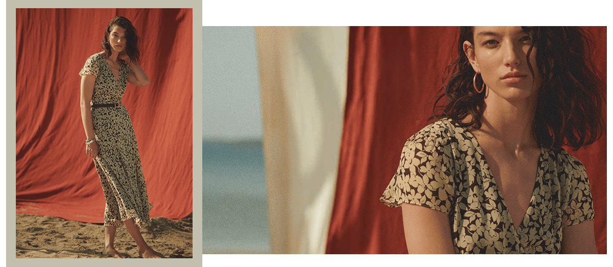 Model in short-sleeve crepe dress with floral print
