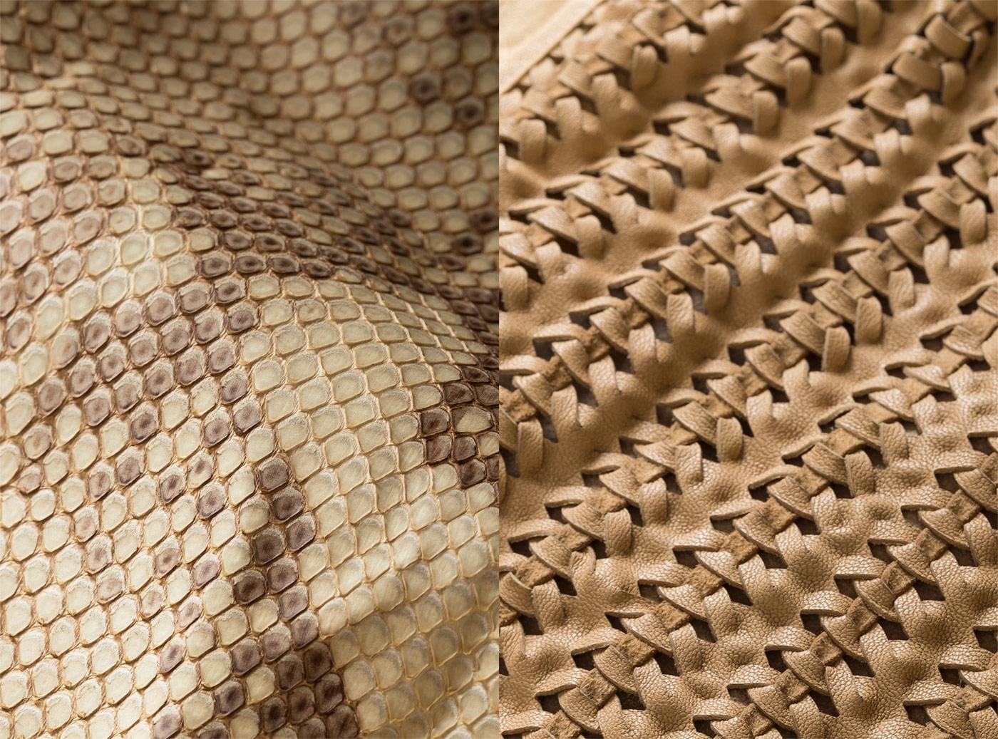 The Ashton jodhpur and several other pieces are crafted from python leather treated with a complex process of dyeing, washing, waxing, and creasing. Inspired by a fisherman’s net, the Tracy vest combines slashed lambskin with strips of suede for a woven look with lightweight appeal