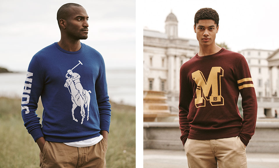 Man in Polo Pony–graphic sweater & man in M-graphic sweater