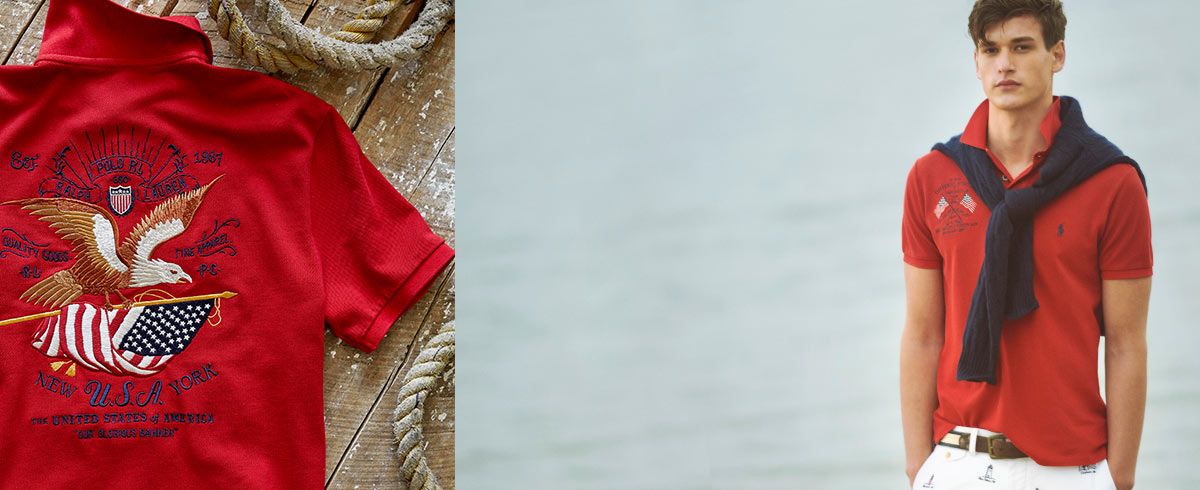 Red Polo shirt with embroidered American flag & eagle motif at back