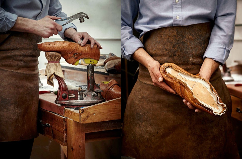 <span>Shaping the closed shoe by pulling it onto a last, at left. At right, a<span> shoe after it’s been shaped on the last—note the wire at the front keeping the shoe in form.</span></span>