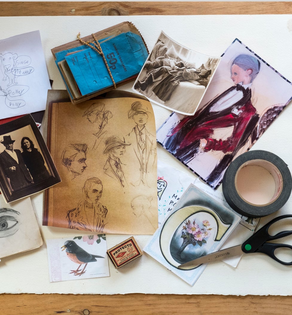 Before you begin to actually create your collage, lay down the eclectic elements you have gathered and arrange them in a kind of blueprint for inspiration. Mix different textures of paper, art, and photography and even some lightweight objects to give it surprising dimension