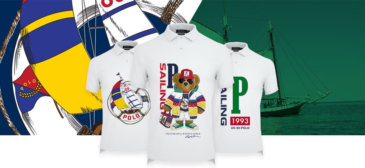 White Polo shirts with Polo Bear and nautical graphics
