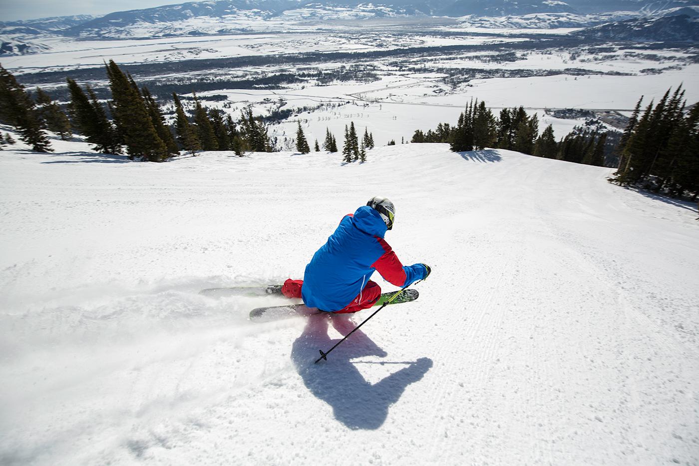 Local skier Tigger Knecht tests out the newly opened terrain, heading full speed down the 3,000-vertical-foot trail called Kemmerer Run