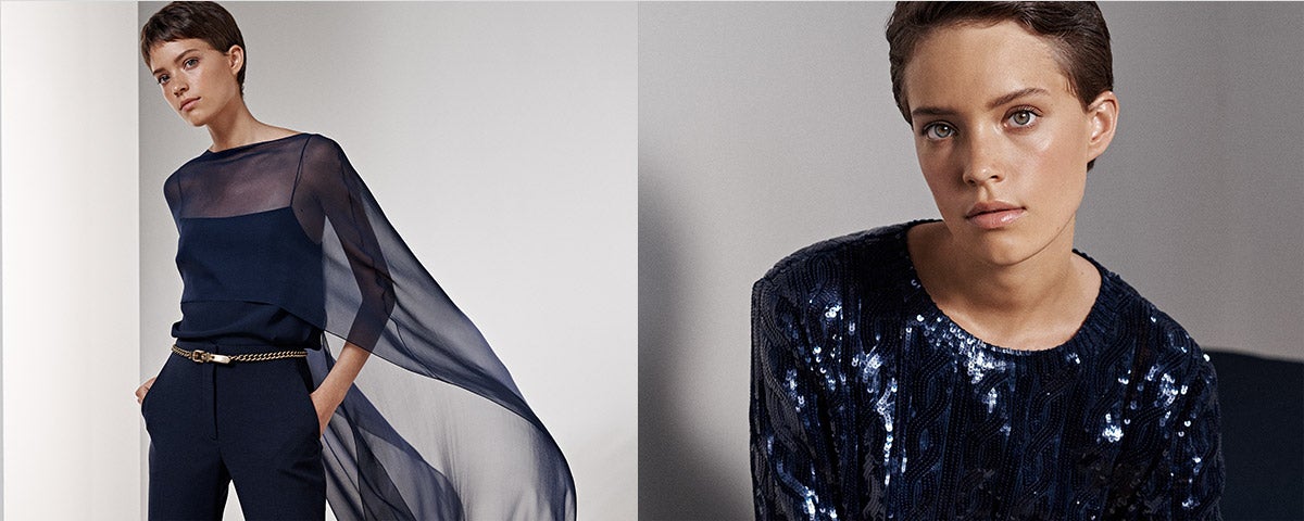 Woman in navy top with cape back & woman in sequin top