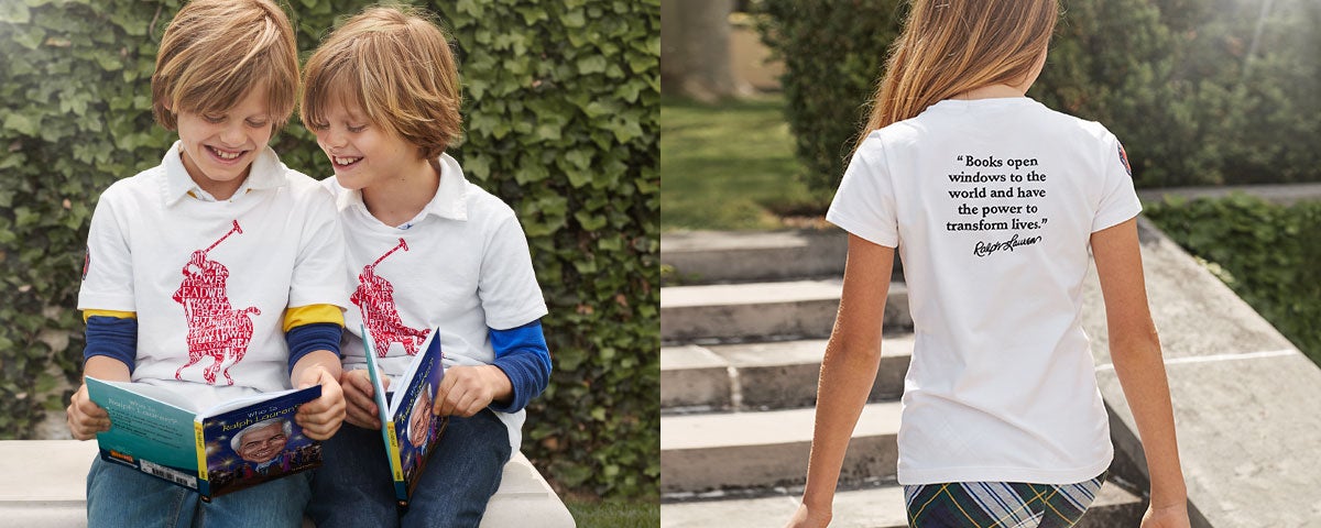 Boys in literacy tees read books; back of girl in literacy tee.