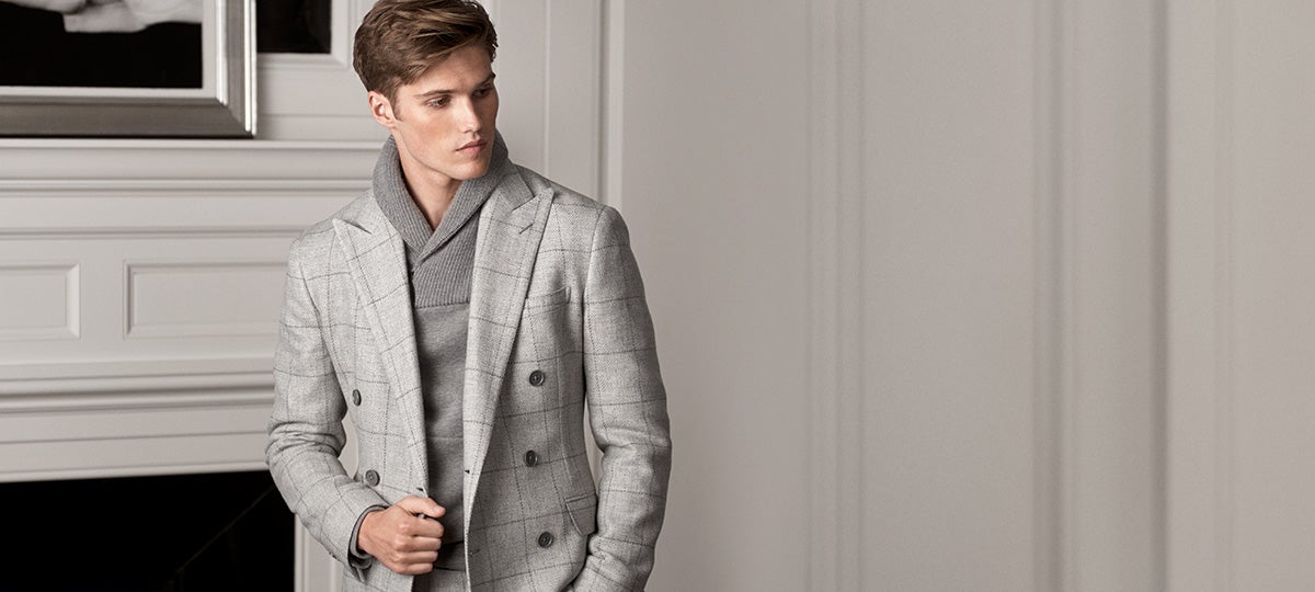 Man in light grey windowpane sport coat \u0026 shawl sweater