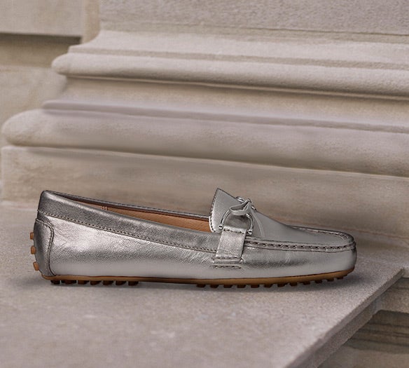 Metallic silver penny loafer
