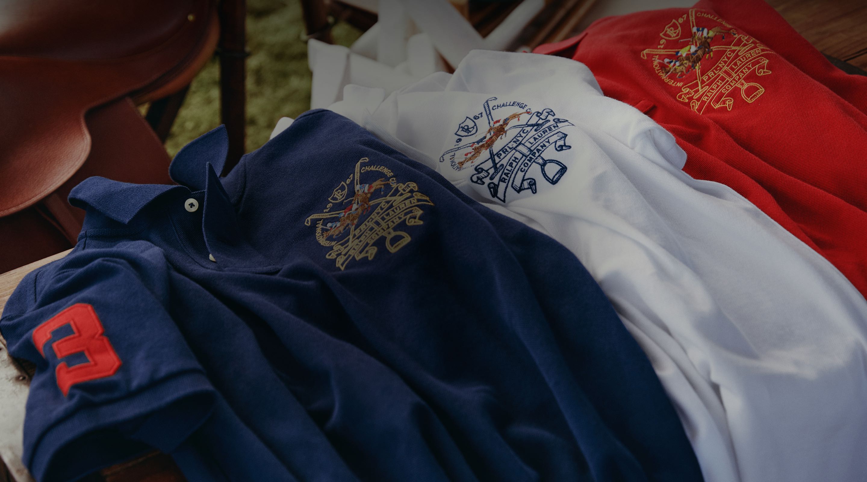 Navy, white & red Polo shirts with equestrian-inspired embroidery