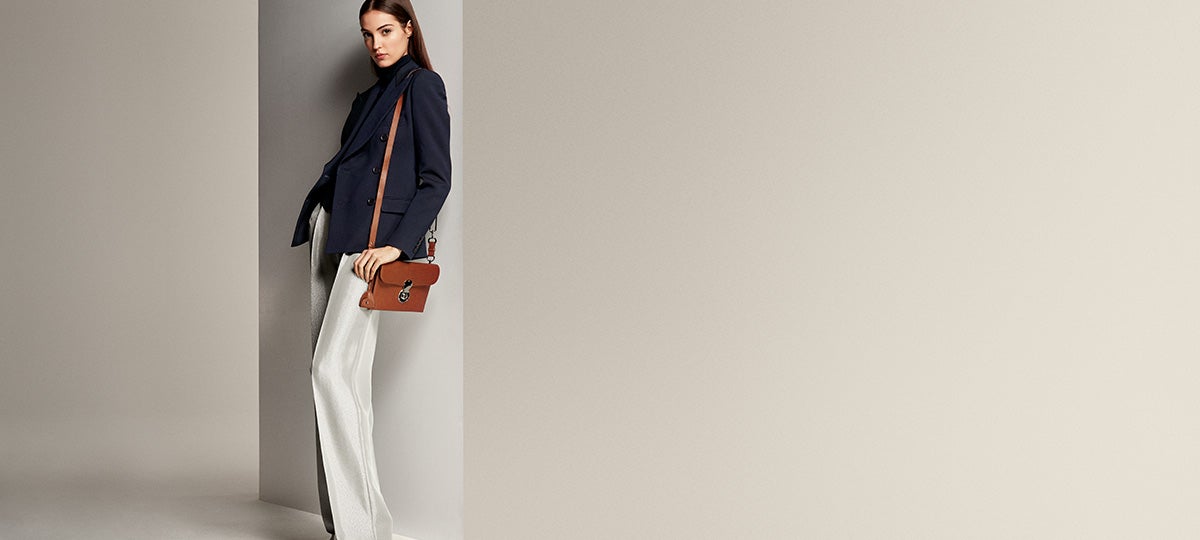 Model in navy peacoat \u0026 light grey wide-leg trousers. Ralph Lauren  Collection