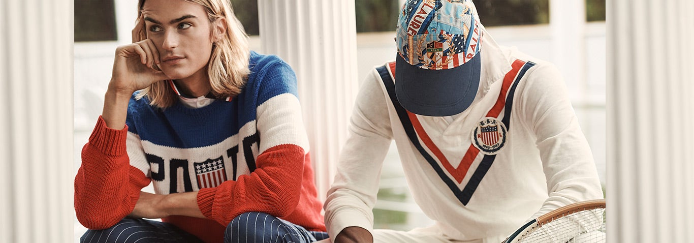 Man in Polo shield sweater & man in cricket-sweater-inspired rugby shirt