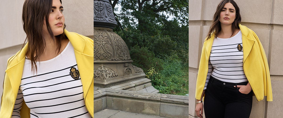 Woman in yellow blazer over nautical-stripe tee