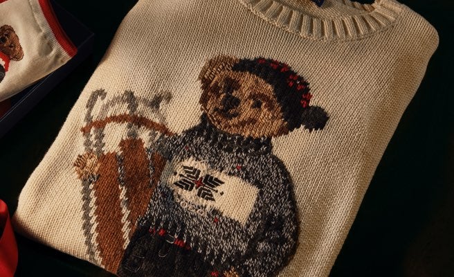 Cream crewneck sweater with motif of Polo Bear carrying sled