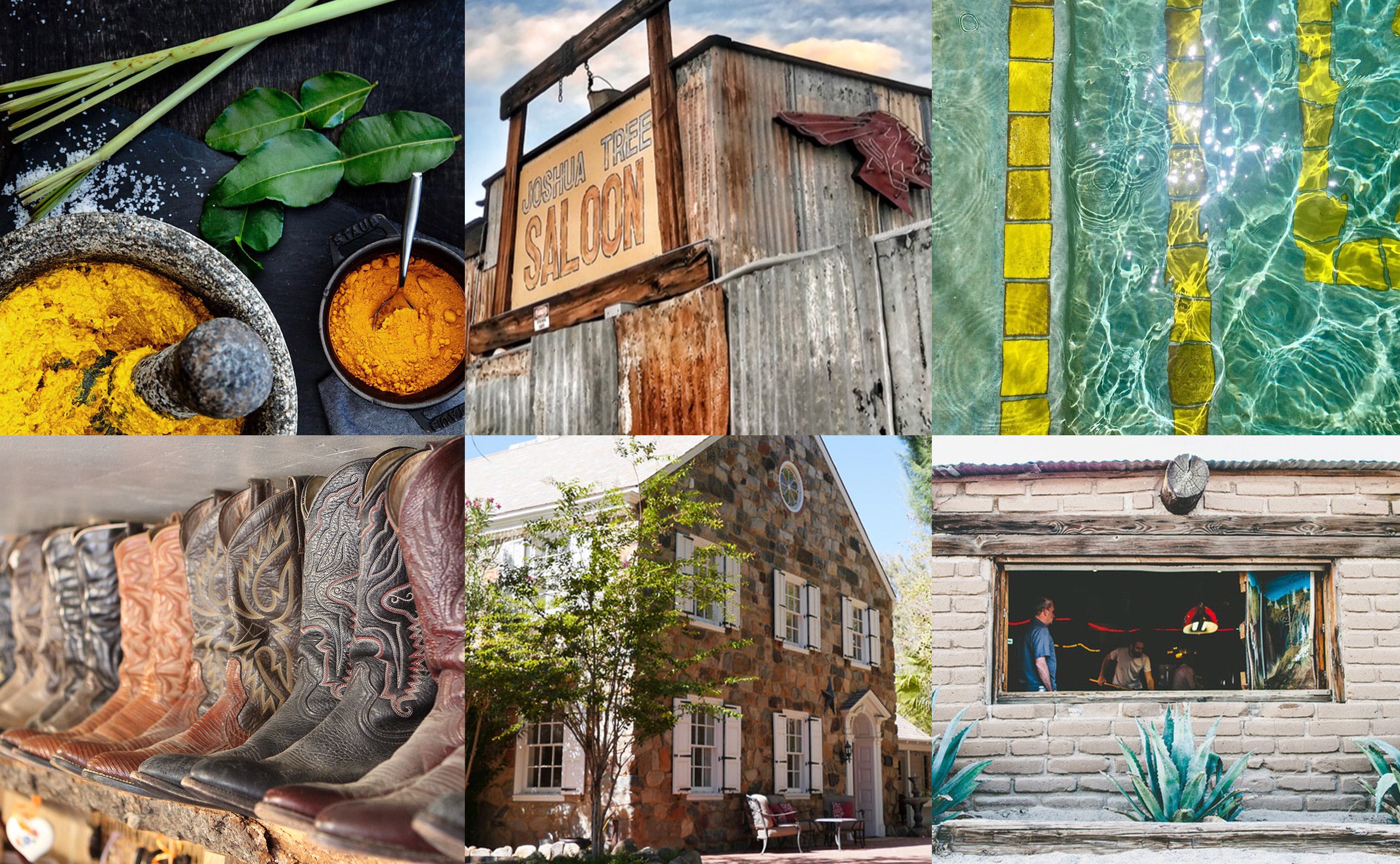 Clockwise from top left: Herbs and spices at Workshop Kitchen + Bar; the Joshua Tree Saloon; swimming pool at the Lautner Compound; Pappy & Harriet's Pioneertown Palace; Campbell House bed and breakfast; The End boutique