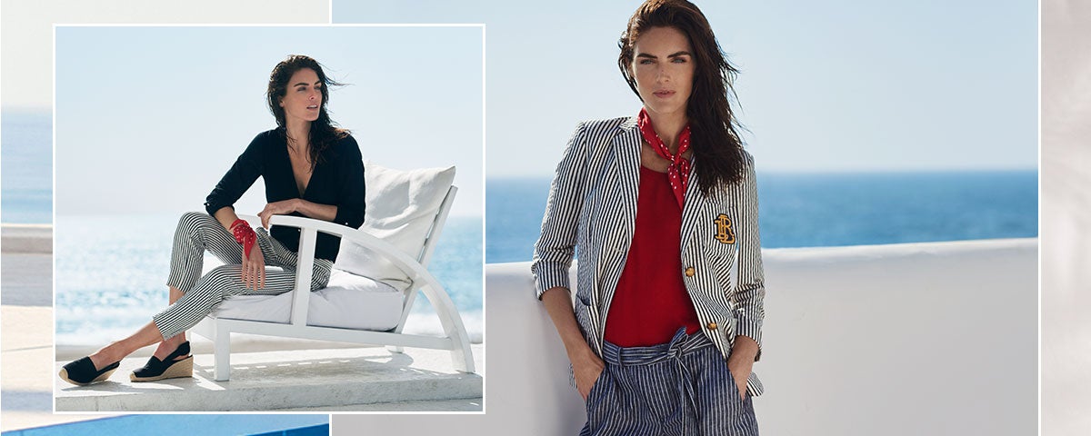 Model Hilary Rhoda in striped pants & blazer