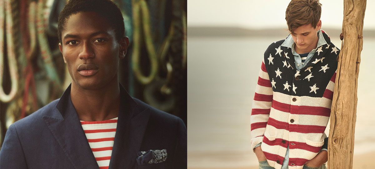 Man in flag cardigan; man in navy blazer over red-and-white tee