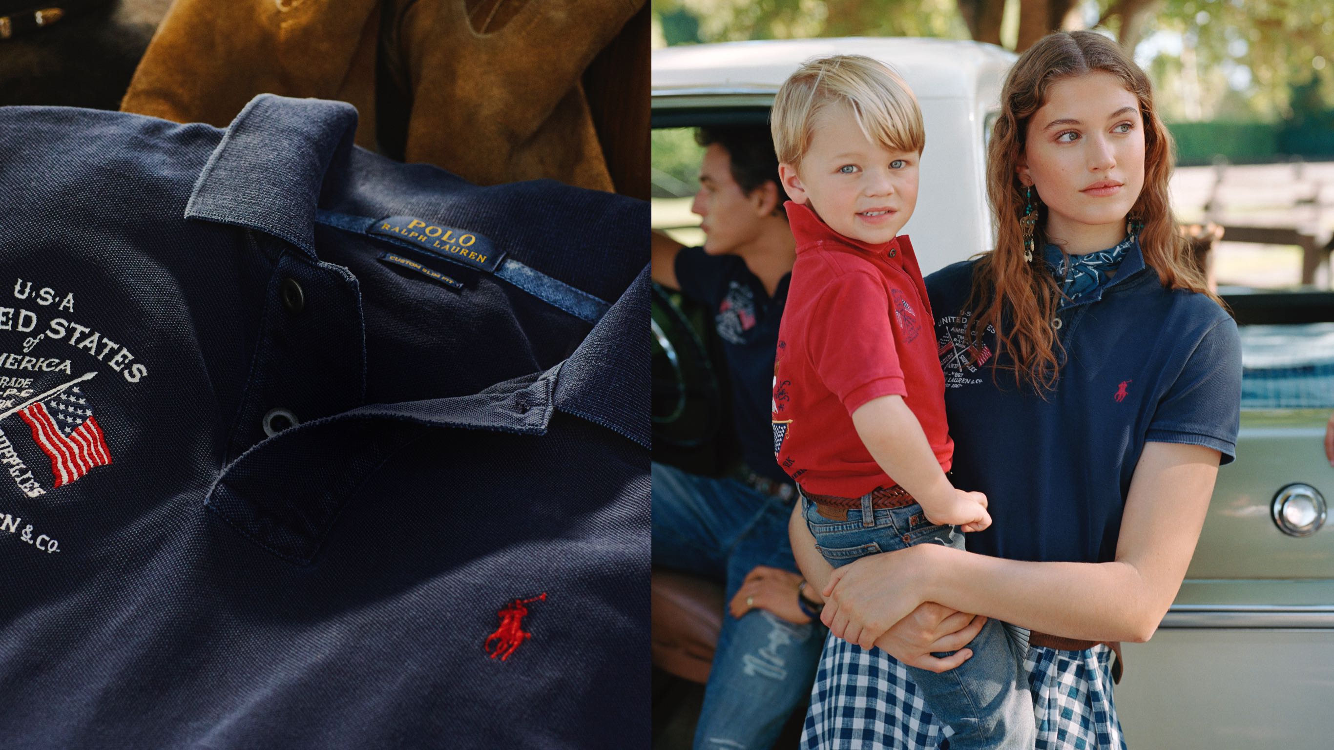 Navy Polo shirt with Americana embroidery; Woman in navy Polo carrying boy in red Polo
