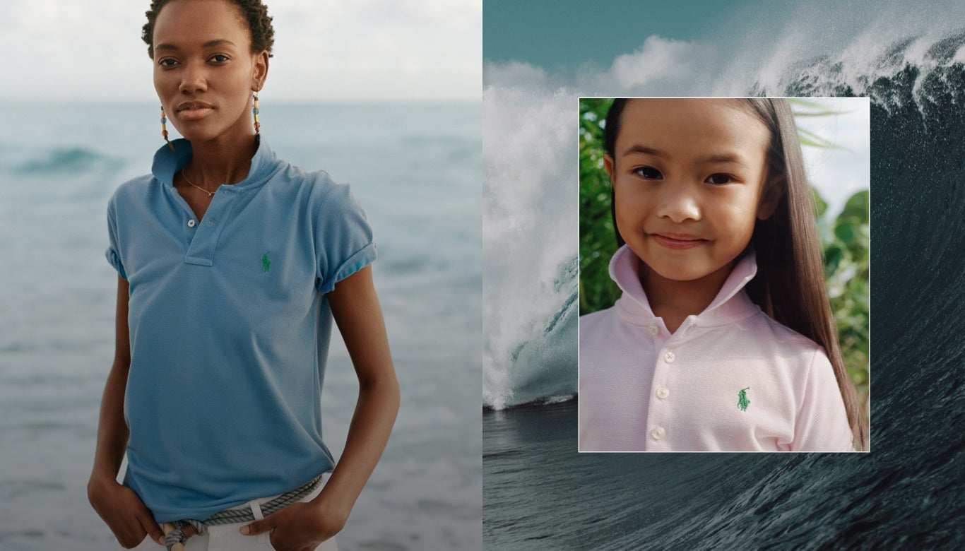 Woman wears blue Earth Polo; girl wears light pink Earth Polo shirt.