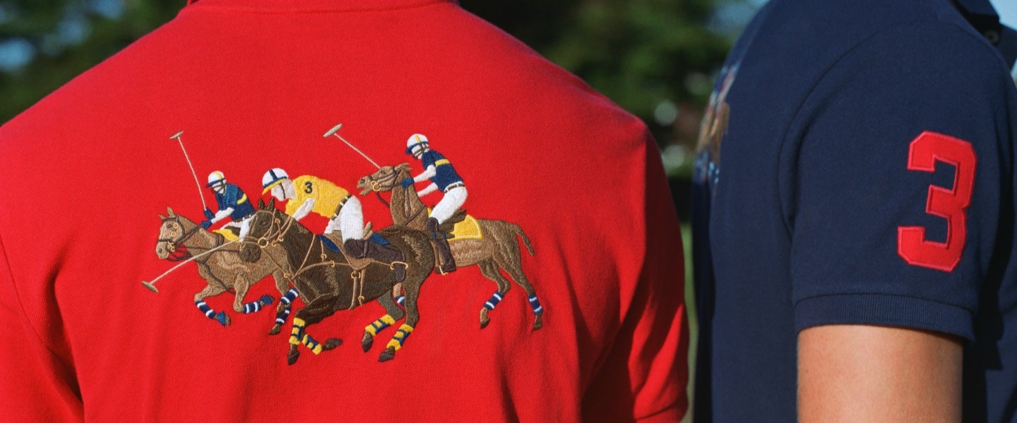Red & navy Polo shirts with polo match-inspired patches & embroidery