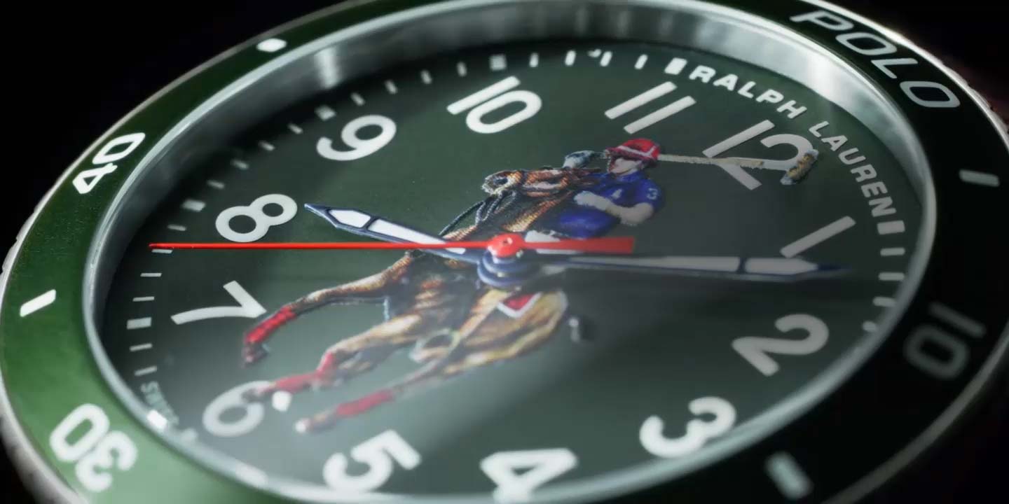 Close-up of Polo Watch with green dial & polo player motif
