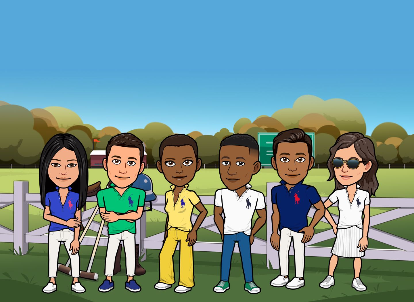 Row of male & female Bitmojis in Polos in different colors
