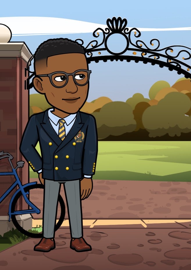 Male Bitmoji wearing double-breasted navy blazer
