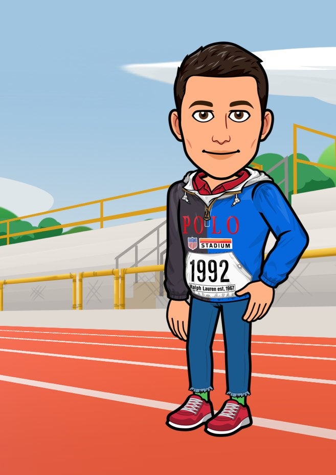 Male Bitmoji in color-blocked Stadium popover on track