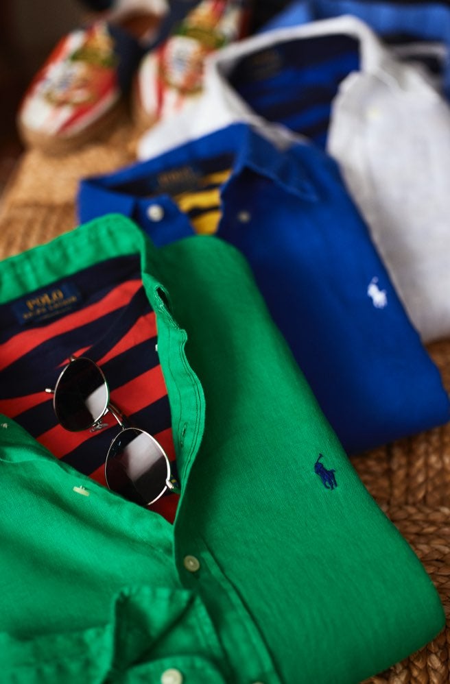 Green, blue & white linen shirts layered with striped T-shirts